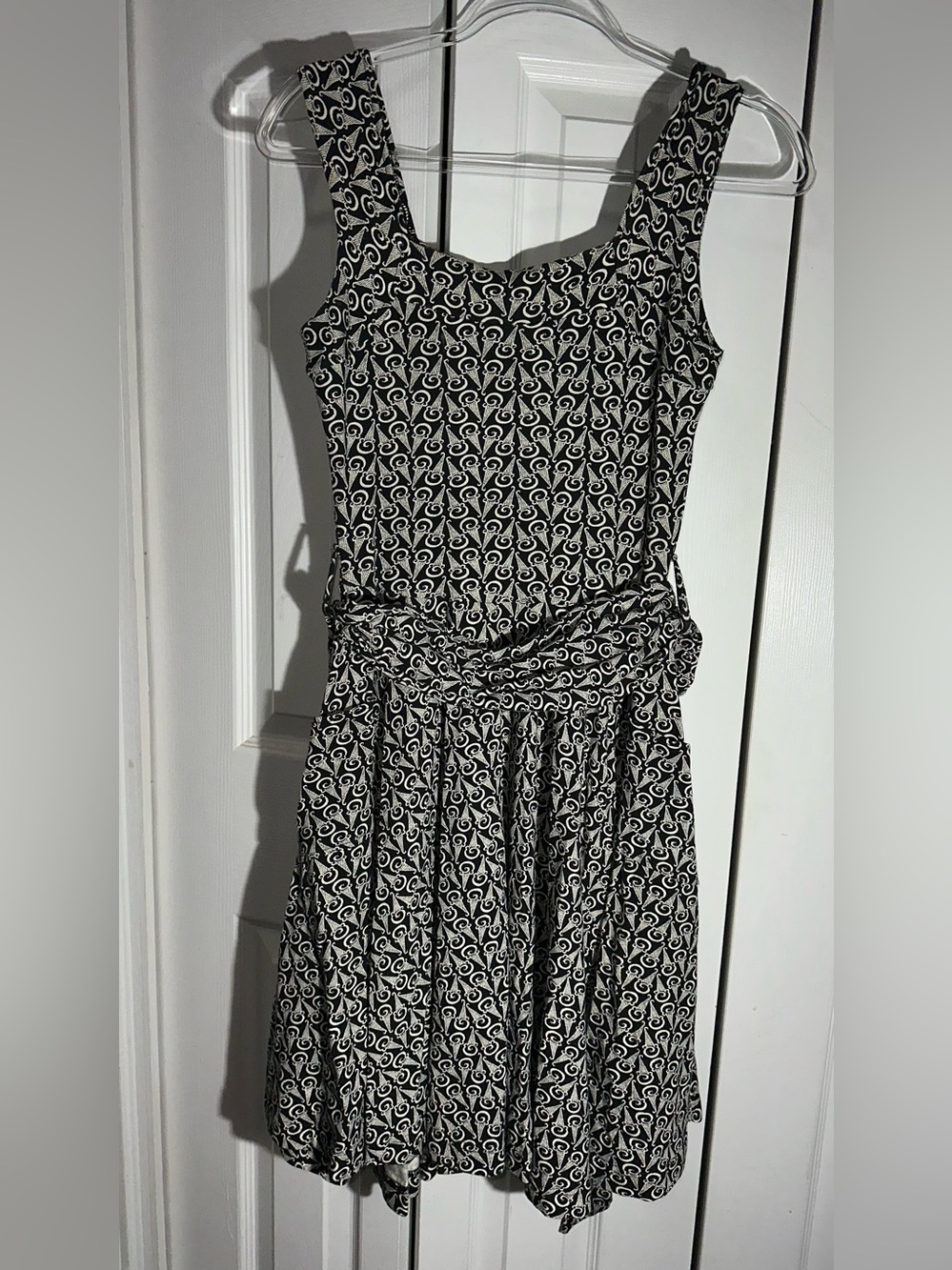 Effie’s Heart Flare Tank Dress White Black Sz S Belt Ice Cream Cone Print   AA22